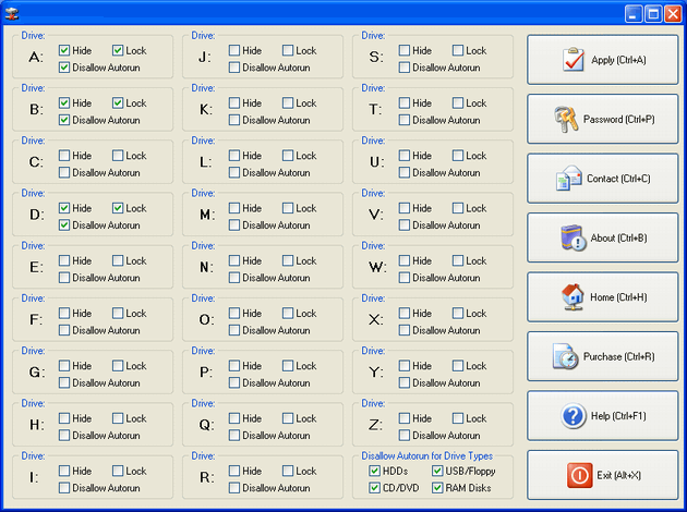 Password-protected security utility to hide and lock local, network, USB drives.