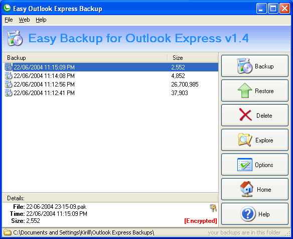 Screenshot vom Programm: Easy Backup for Outlook Express